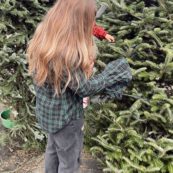 Plaid Button Up Blouse - Tie Sleeve - Picture 3 of 7